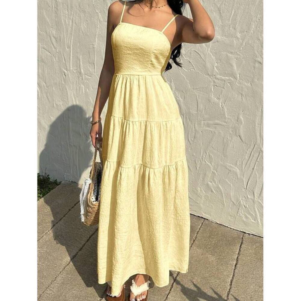 Sunnyshic Apricot Textured Fabric Drawstring Pleated Camisole Dress, Loose & Sli - Picture 3 of 6
